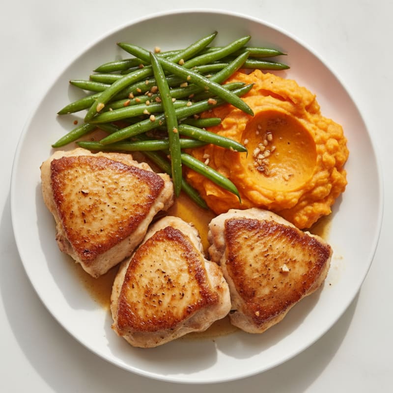 Seared Chicken Thighs with Garlic Green Beans and Sweet Potato Mash