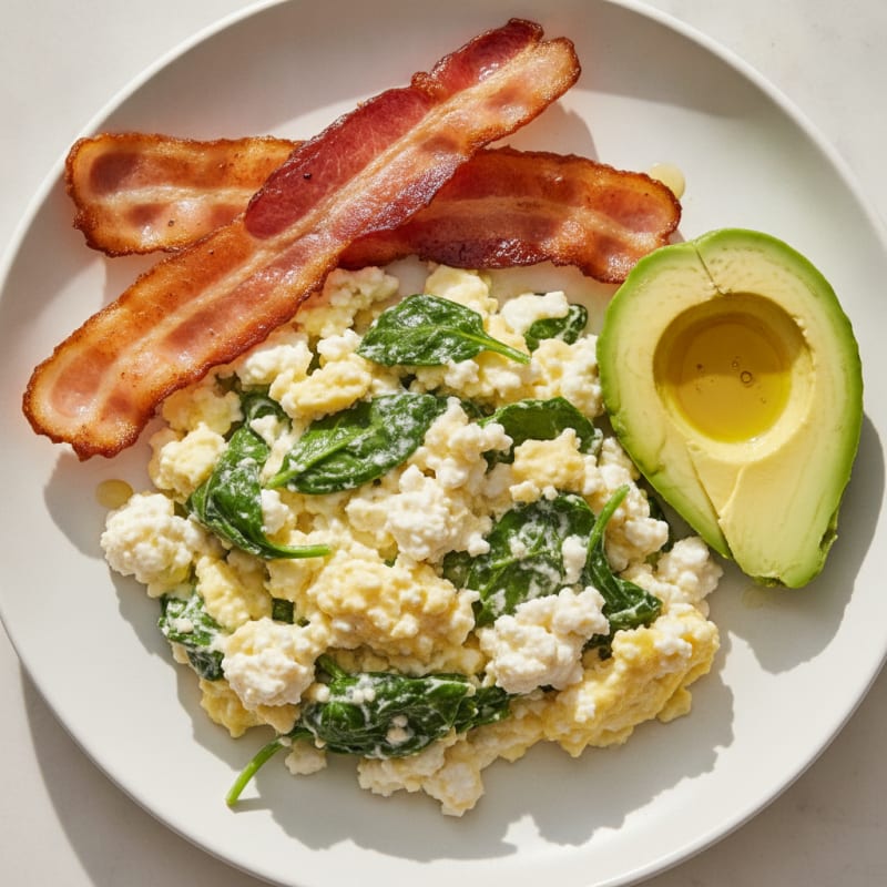 Cottage Cheese Egg Scramble with Spinach and Turkey Bacon