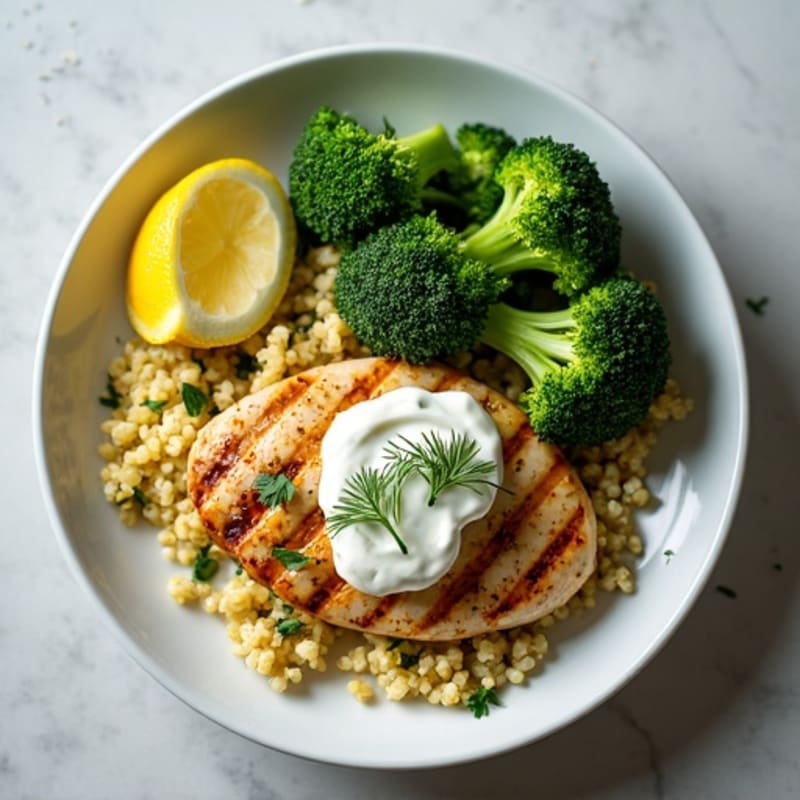 Grilled Chicken Breast with Quinoa, Roasted Broccoli, and Lemon Herb Yogurt Sauce