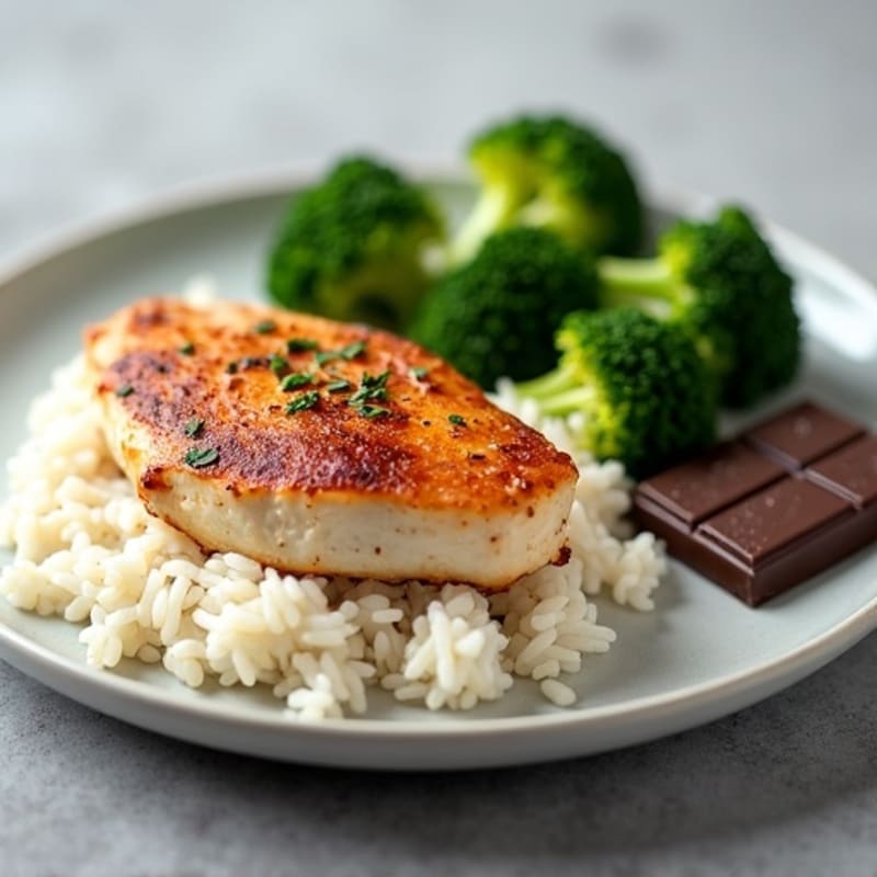 Seared Chicken Breast with Steamed Rice, Roasted Broccoli & Dark Chocolate Dessert