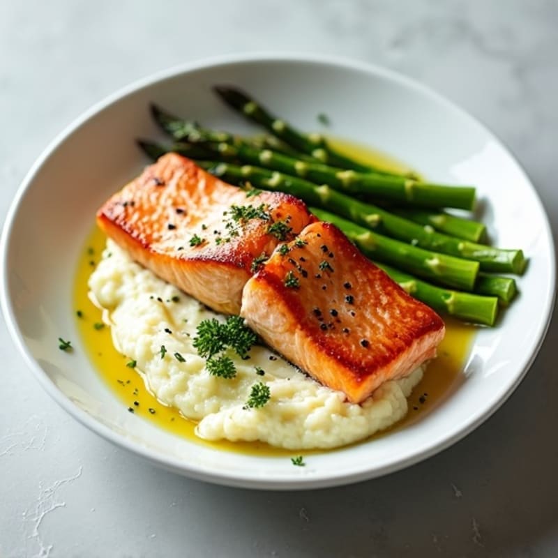 Seared Salmon with Roasted Asparagus and Cauliflower Mash