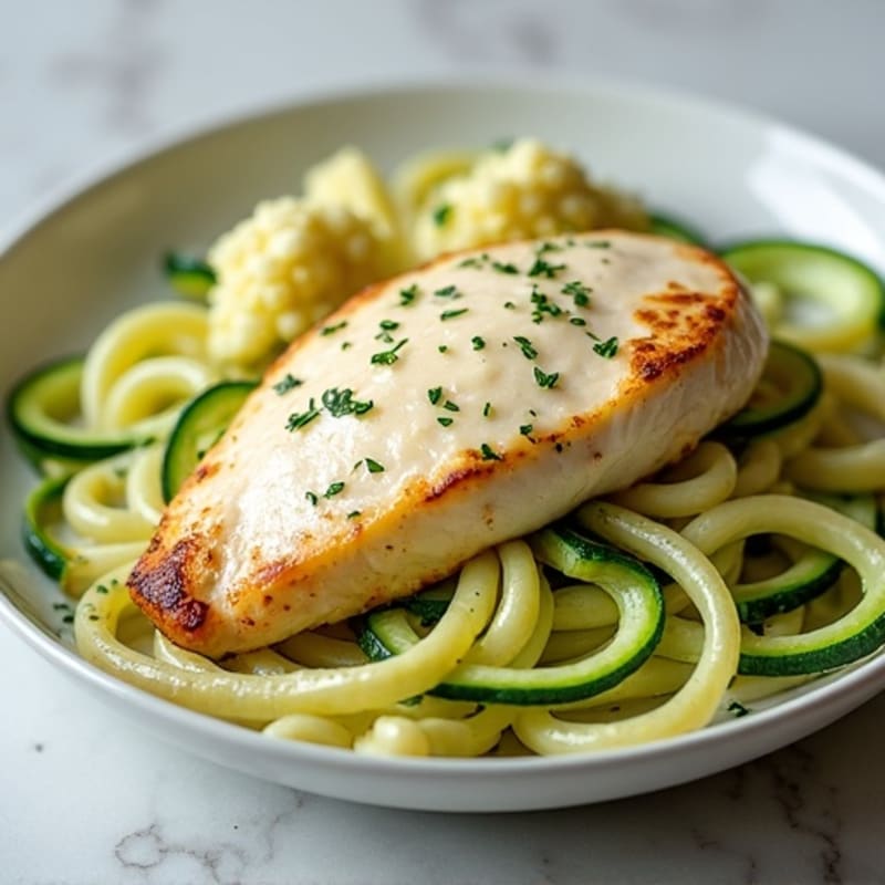 Creamy Cauliflower Alfredo Chicken with Zucchini Noodles
