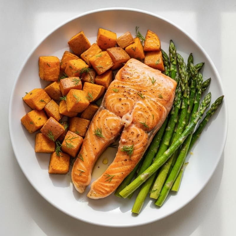 Seared Salmon Fillet with Roasted Sweet Potato and Asparagus