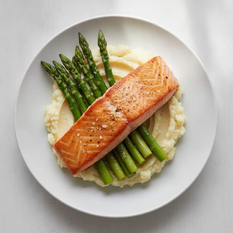 Seared Salmon Fillet with Steamed Asparagus and Garlic Mashed Cauliflower