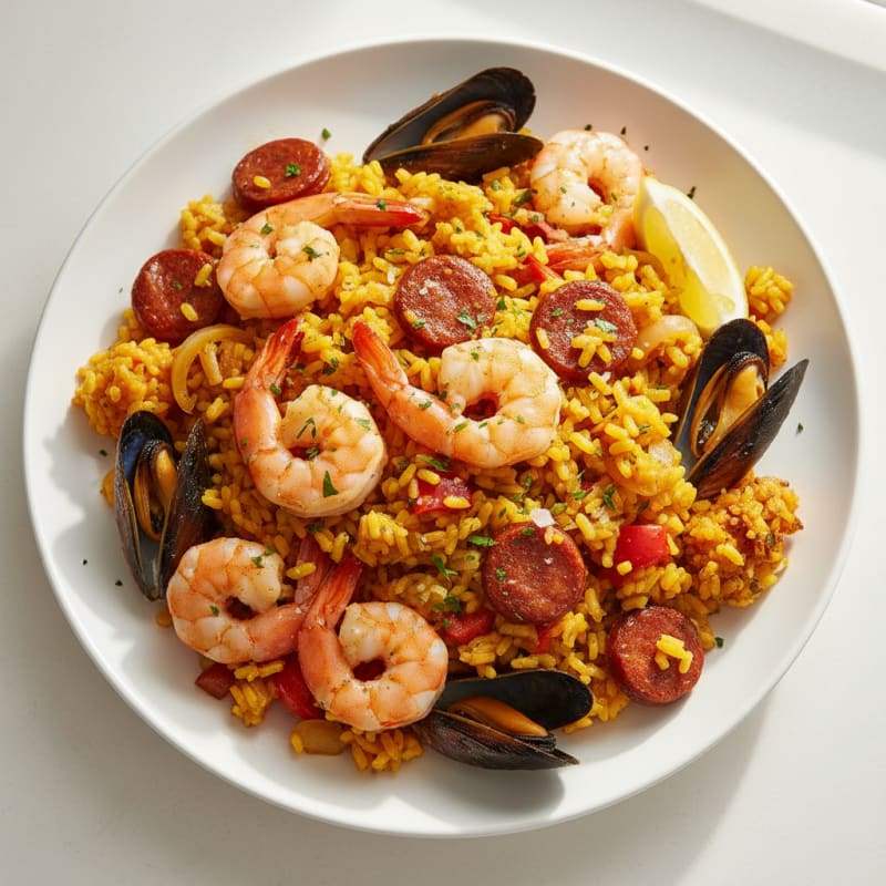 Saffron Seafood Paella with Chorizo
