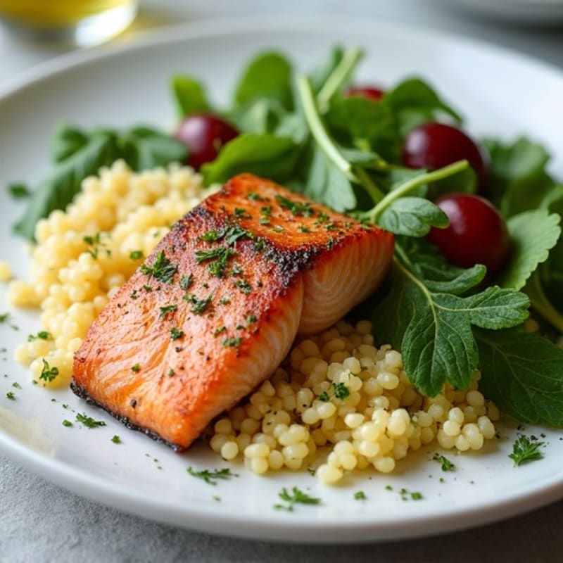 Seared Salmon with Warm Couscous and Mixed Greens