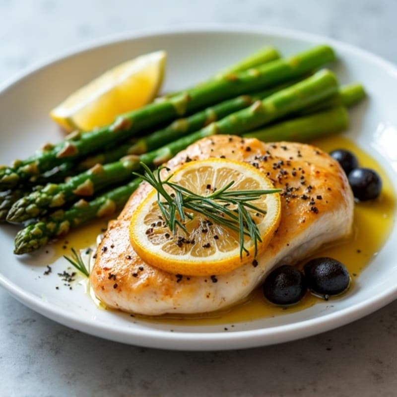 Lemon-Herb Pan-Seared Chicken with Roasted Asparagus and Olives