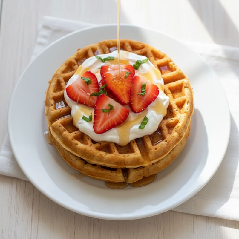 Protein Waffles with Greek Yogurt and Sliced Fruit