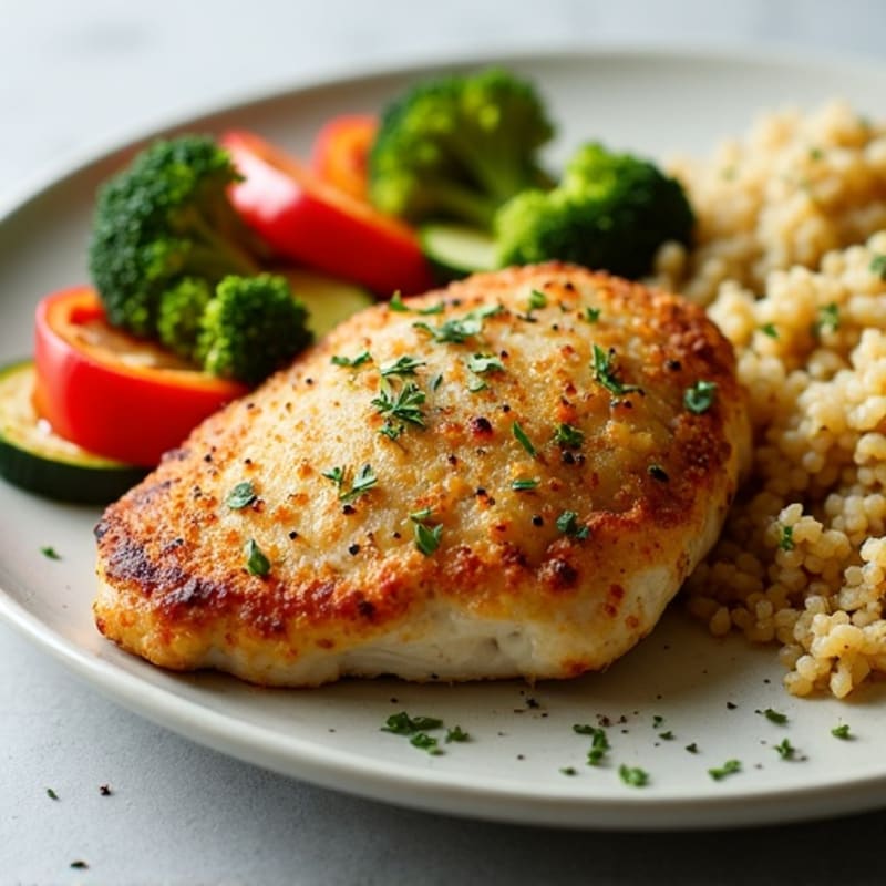 Herb-Crusted Pan Seared Chicken with Roasted Vegetables and Quinoa