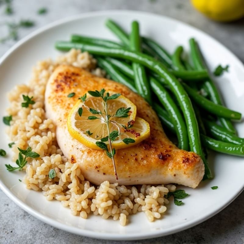 Lemon Herb Roasted Chicken with Fluffy Brown Rice and Crispy Green Beans