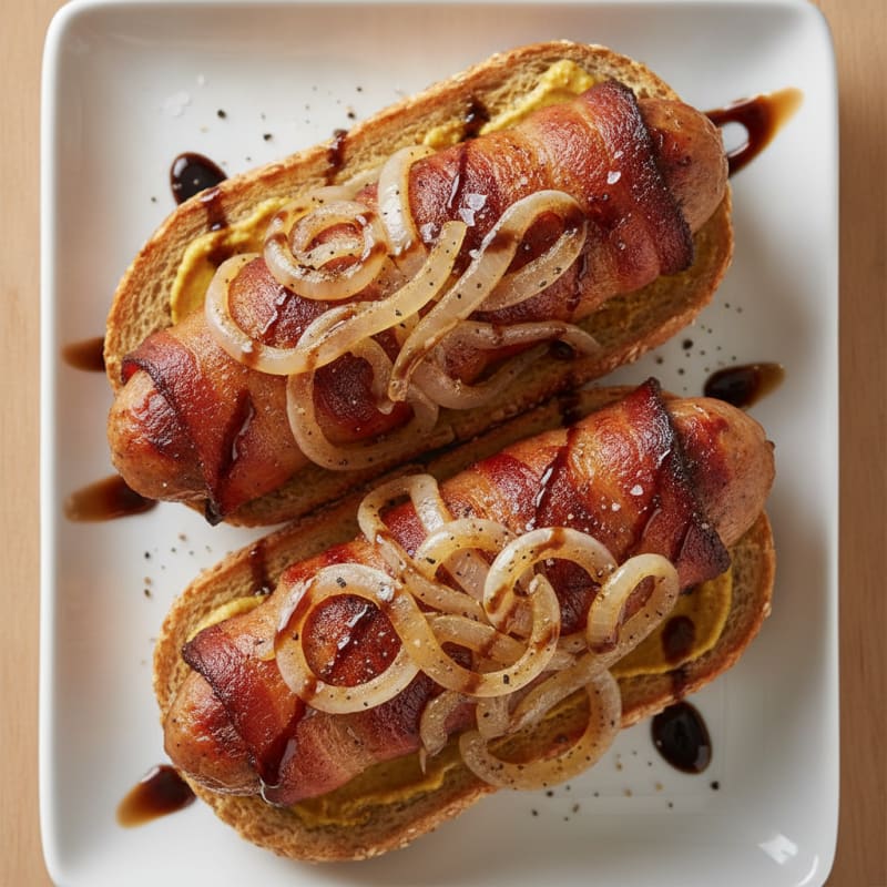 Bacon-Wrapped Hot Dogs with Caramelized Onions