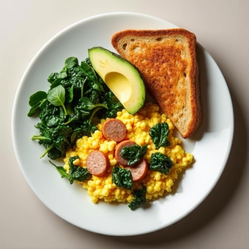 Egg White and Turkey Sausage Scramble with Sautéed Spinach
