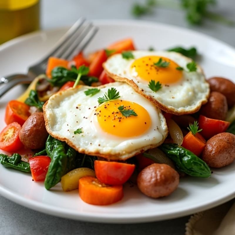 Roasted Sweet Potato and Turkey Sausage Hash with Crispy Eggs
