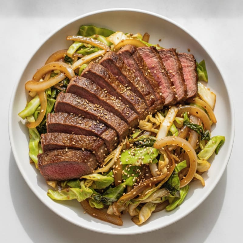 Pan-Seared Steak with Cabbage and Onion Stir-Fry