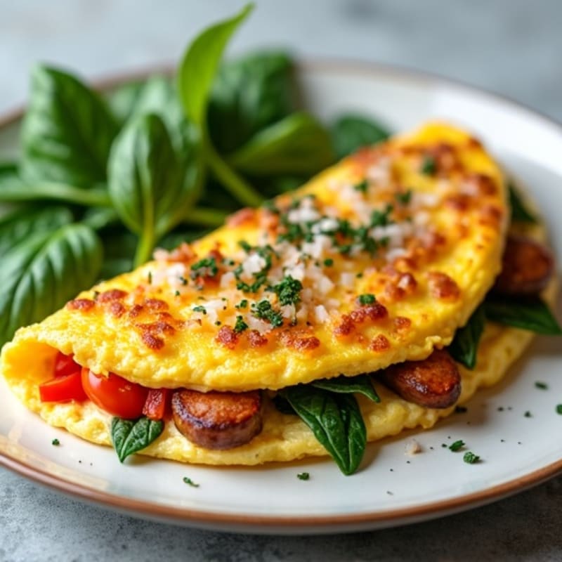 Fluffy Egg White Omelette with Fresh Spinach and Lean Turkey Sausage