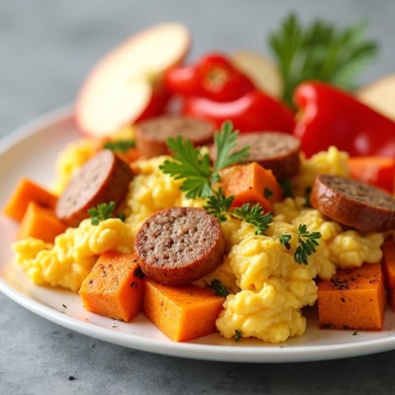 Egg White and Turkey Sausage Scramble with Roasted Sweet Potatoes