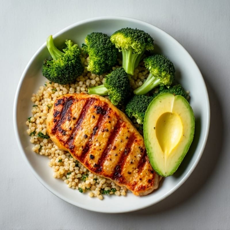 Grilled Chicken Breast with Quinoa, Roasted Broccoli, and Avocado