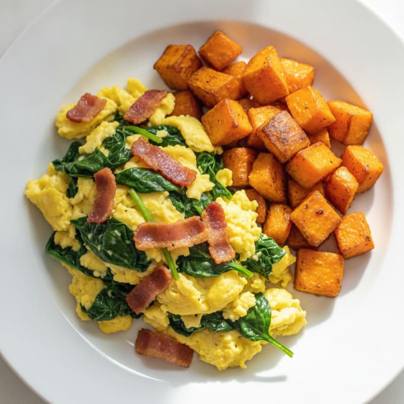 Crispy Turkey Bacon and Spinach Egg Scramble with Roasted Sweet Potatoes