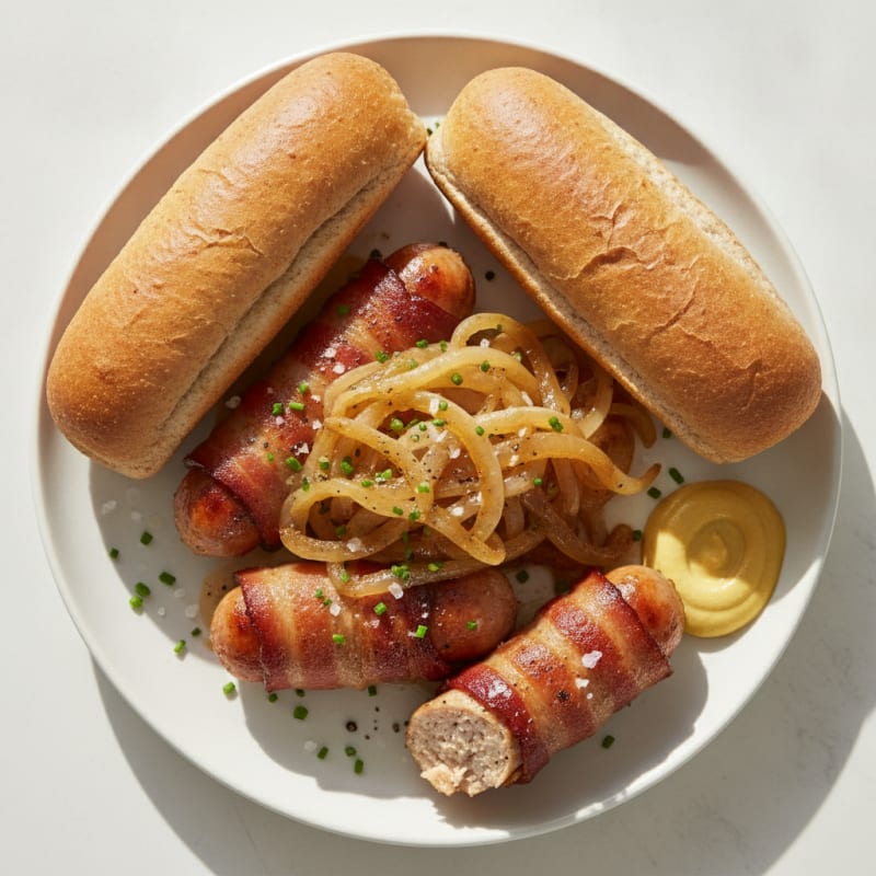 Bacon-Wrapped Hot Dogs with Caramelized Onions
