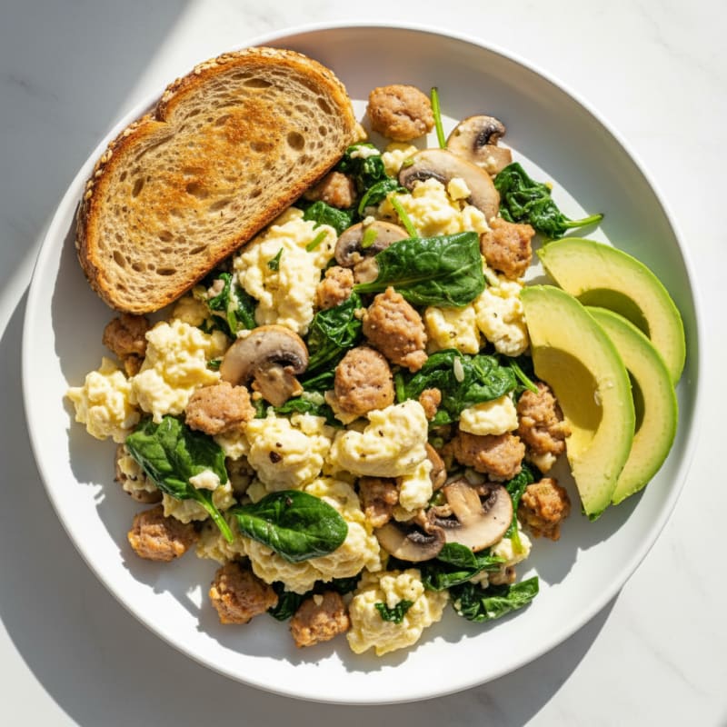 Egg White and Turkey Sausage Scramble with Spinach and Mushrooms