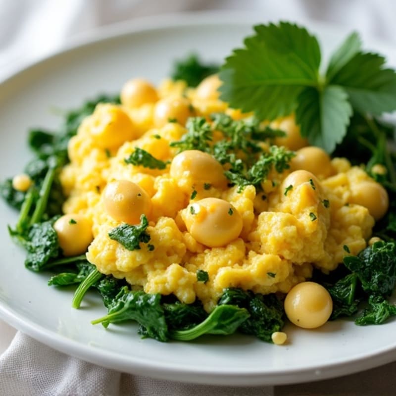Fluffy Scrambled Eggs with Sautéed Greens and Fresh Herbs
