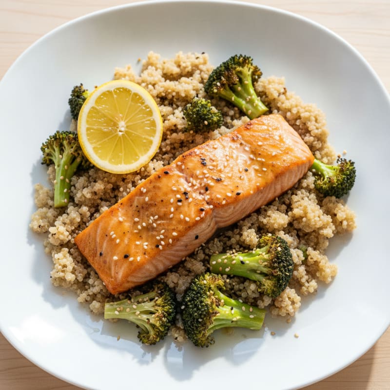 Seared Salmon Fillet with Roasted Broccoli and Quinoa