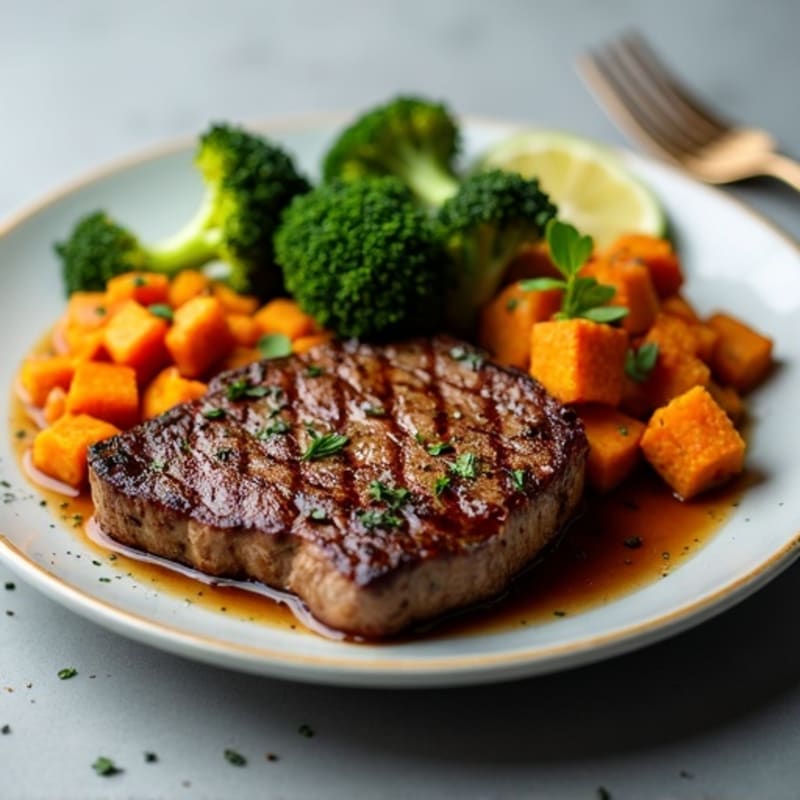Tender Pan-Seared Steak with Roasted Broccoli and Sweet Potato Hash