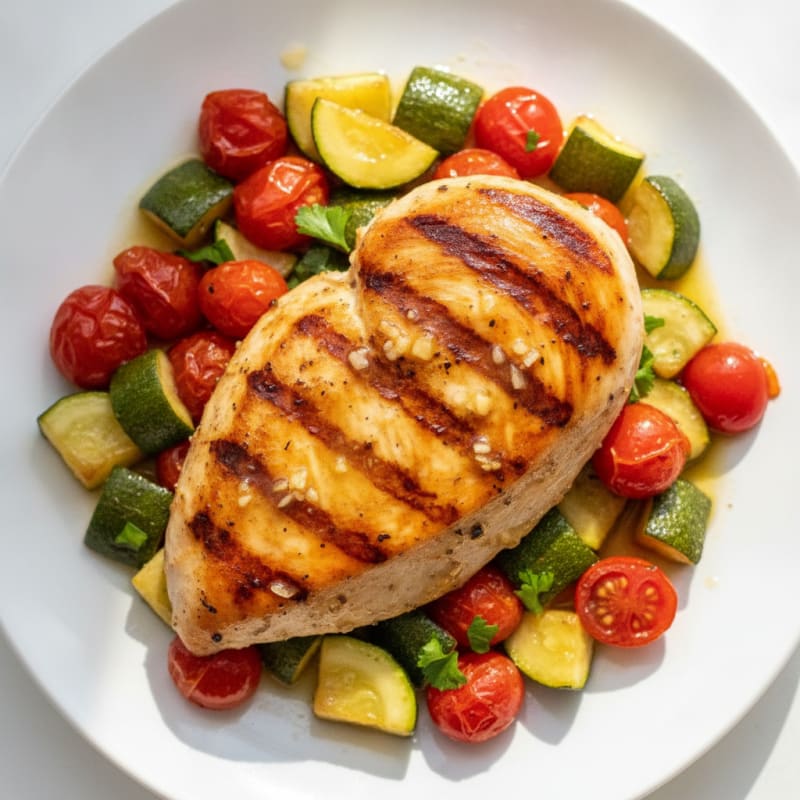 Grilled Chicken Breast with Roasted Zucchini and Cherry Tomatoes