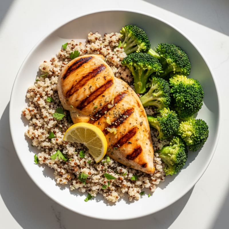 Grilled Chicken Breast with Quinoa and Steamed Broccoli