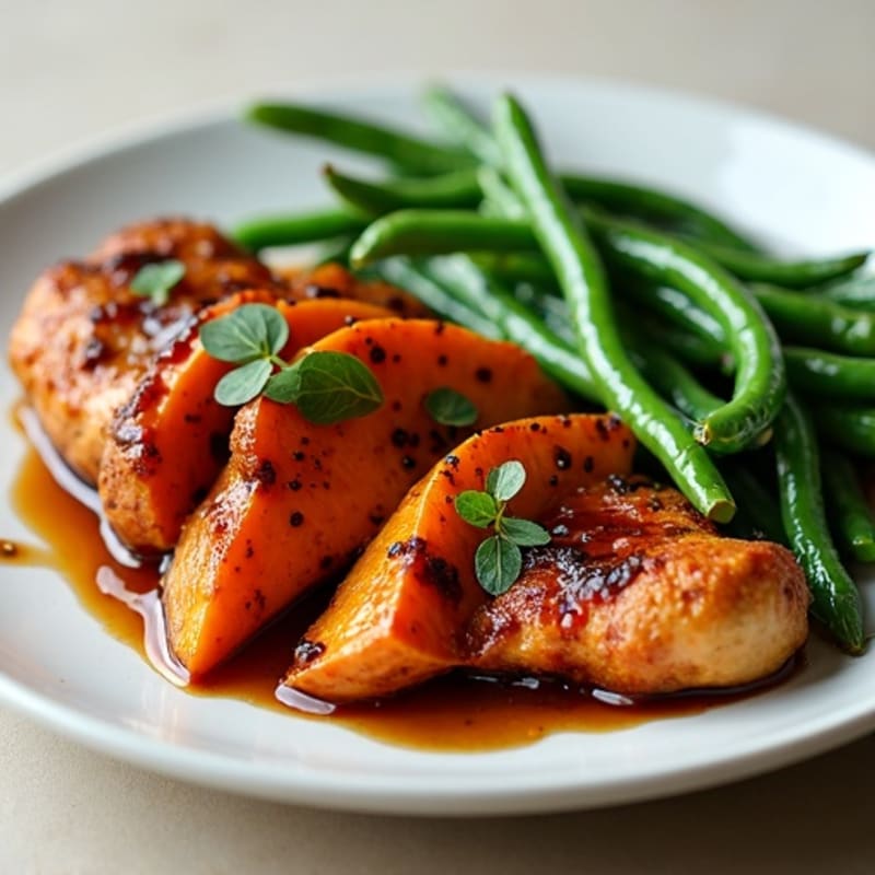 Sticky Balsamic Glazed Chicken with Roasted Sweet Potatoes and Crispy Green Beans