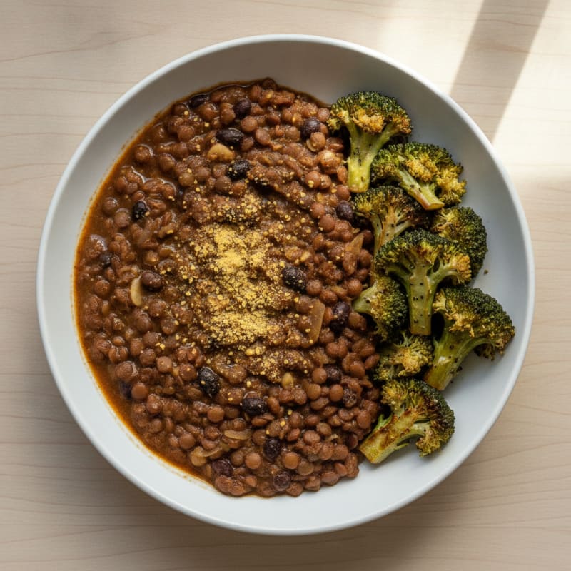 Lentil and Black Bean Stew with Roasted Broccoli