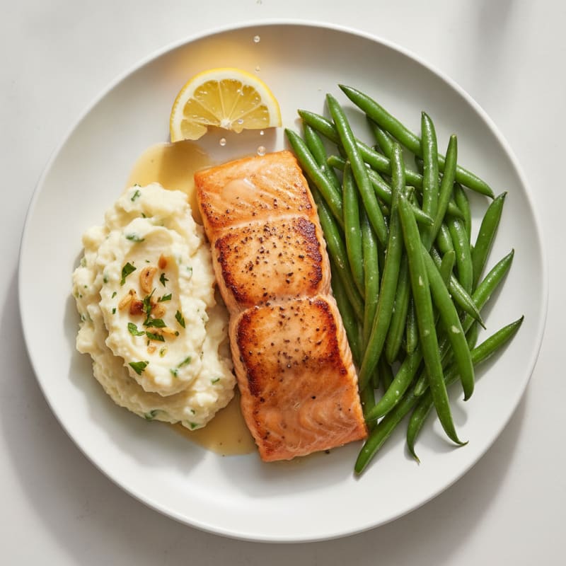 Seared Salmon Fillet with Steamed Green Beans and Garlic Mashed Cauliflower