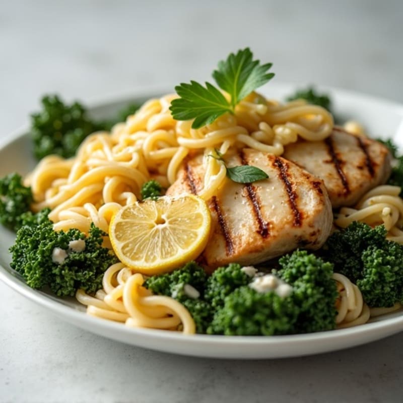 Creamy Lemon Garlic Kale Pasta with Grilled Chicken