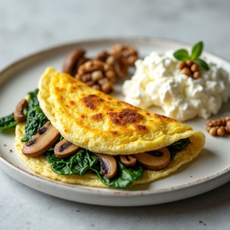 Egg White Spinach Omelette with Cottage Cheese and Sautéed Mushrooms