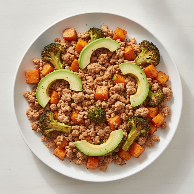 Ground Turkey and Sweet Potato Skillet with Roasted Broccoli