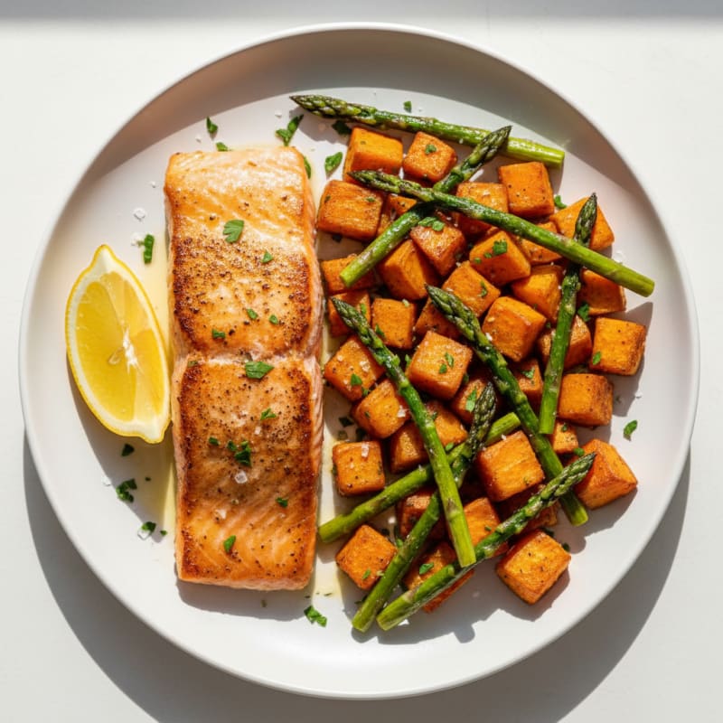 Seared Salmon Fillet with Roasted Sweet Potato and Asparagus