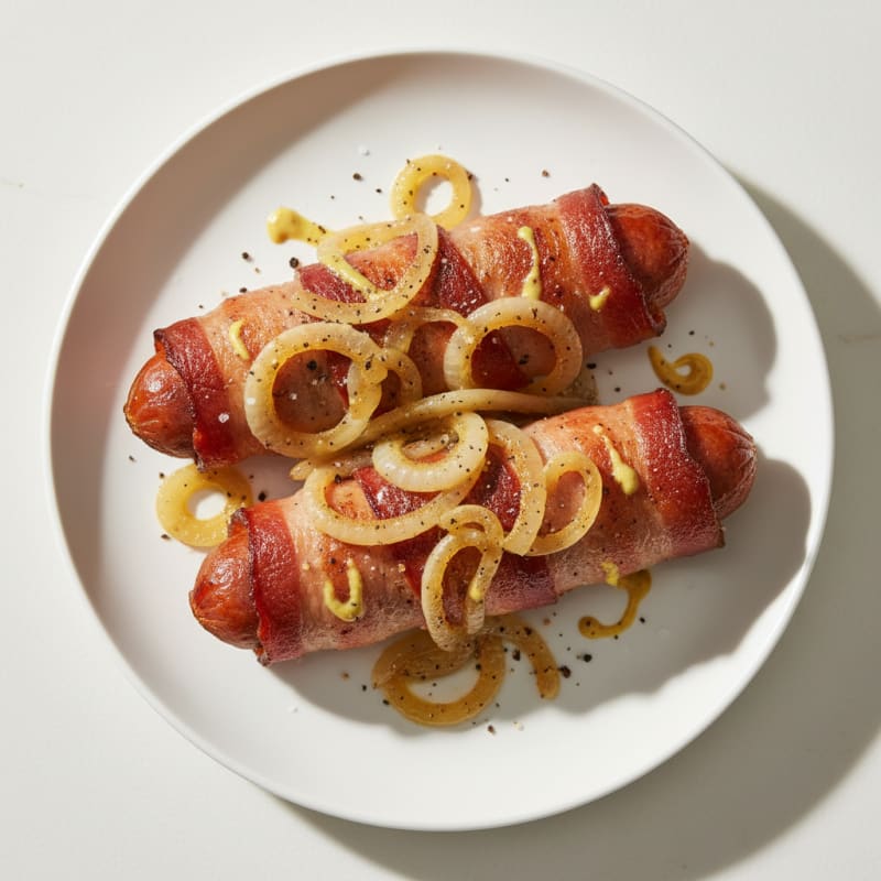Bacon-Wrapped Hot Dogs with Caramelized Onions