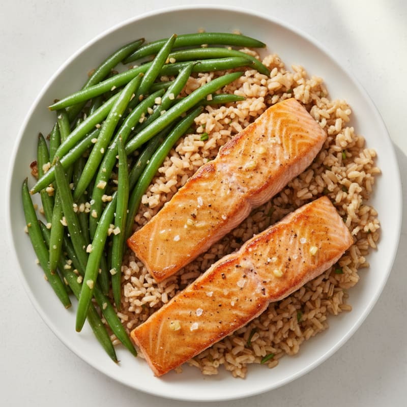 Seared Salmon with Garlic Green Beans and Brown Rice