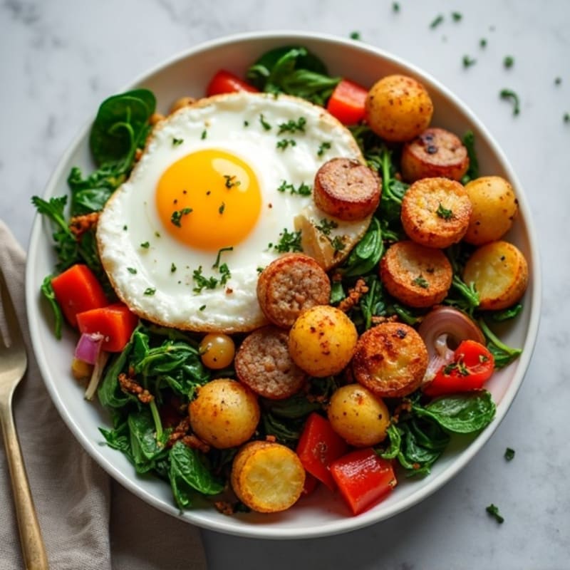 Crispy Potato and Egg Hash with Savory Turkey Sausage and Fresh Spinach