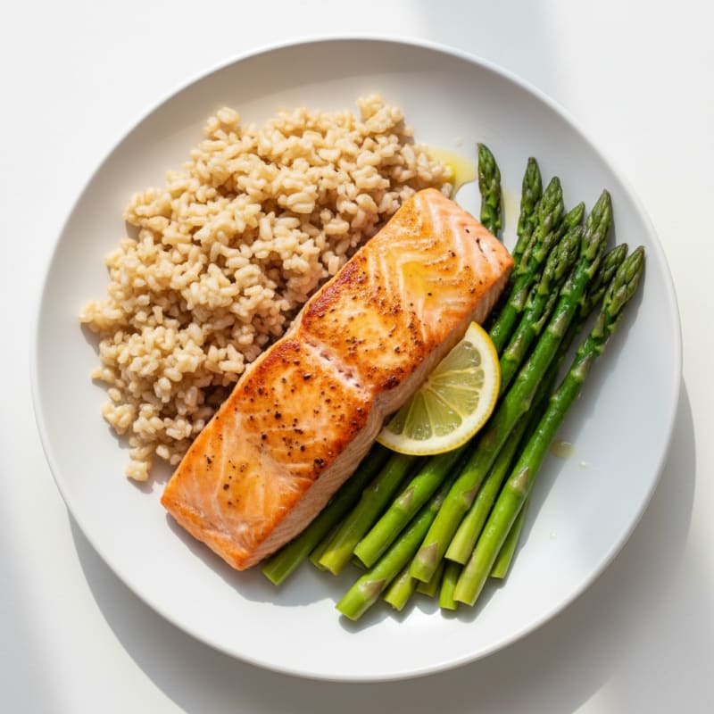 Seared Salmon with Steamed Asparagus and Brown Rice