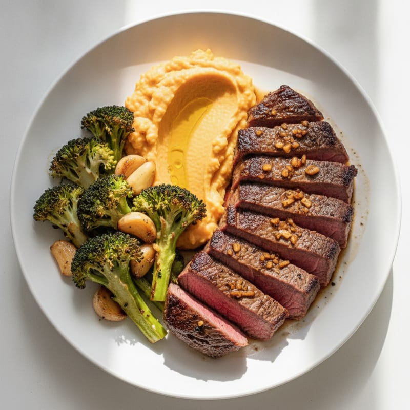 Seared Steak with Roasted Vegetables and Sweet Potato Mash