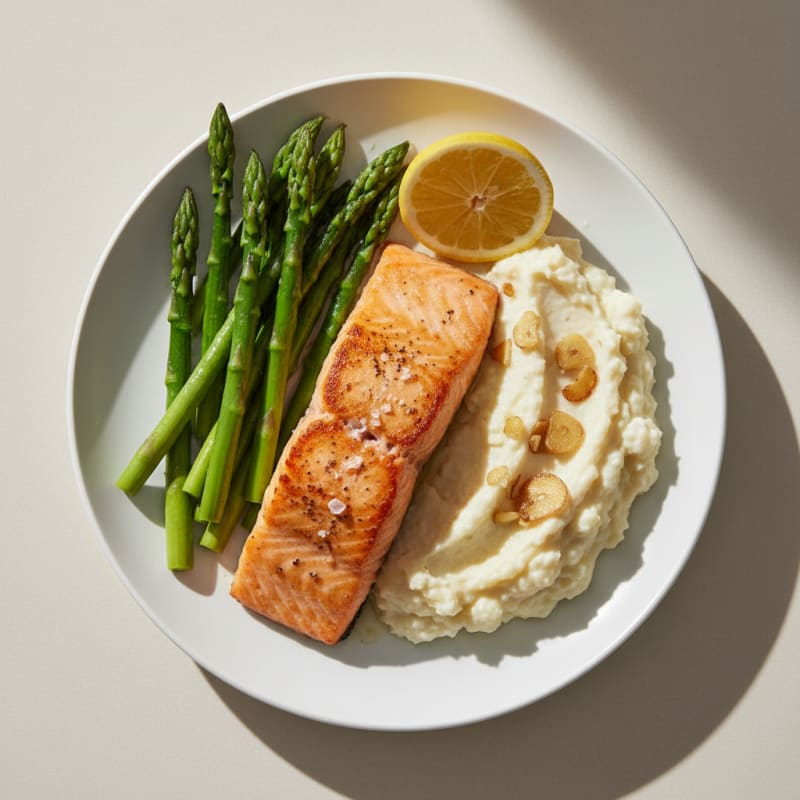 Seared Salmon with Steamed Asparagus and Cauliflower Mash
