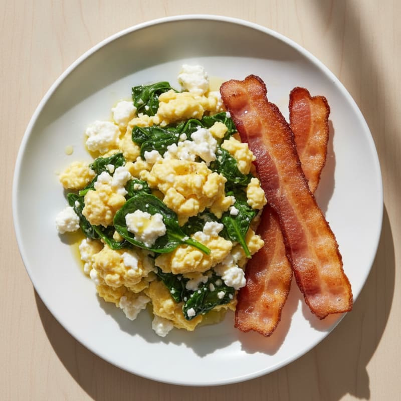 Cottage Cheese Egg Scramble with Spinach and Turkey Bacon