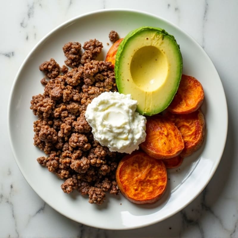Ground Beef with Roasted Sweet Potato, Avocado, and Cottage Cheese