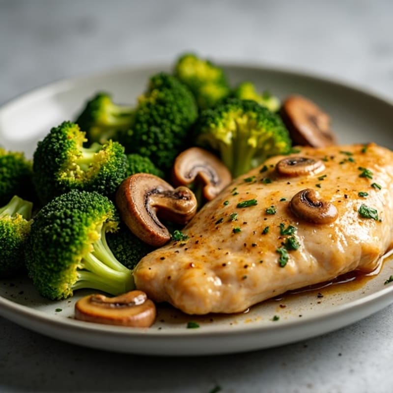 Sheet Pan Garlic Butter Chicken and Mushrooms with Crispy Broccoli
