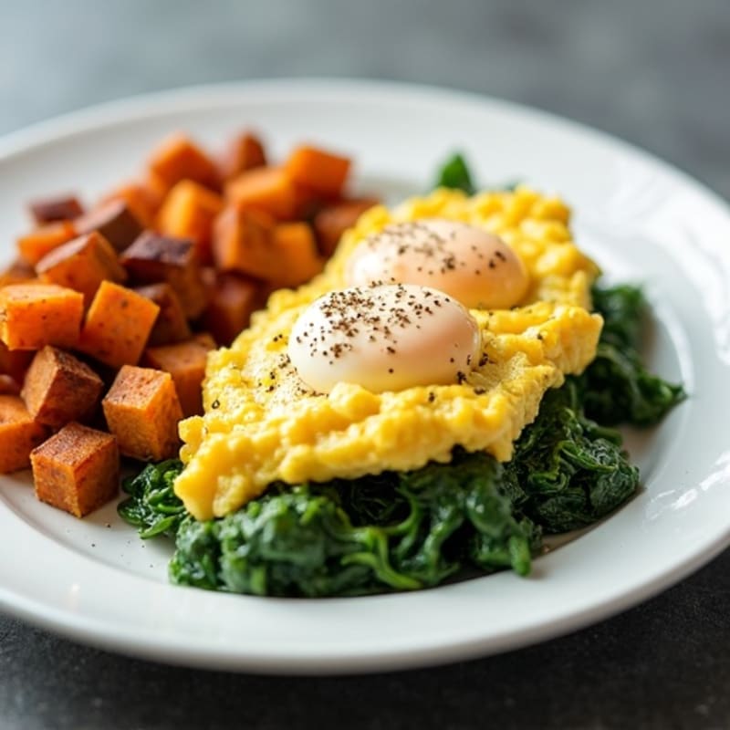 Protein-Packed Scrambled Eggs with Sautéed Spinach and Crispy Sweet Potato Hash