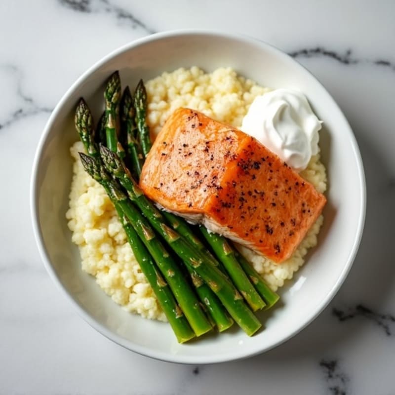 Seared Salmon with Roasted Asparagus and Cauliflower Mash