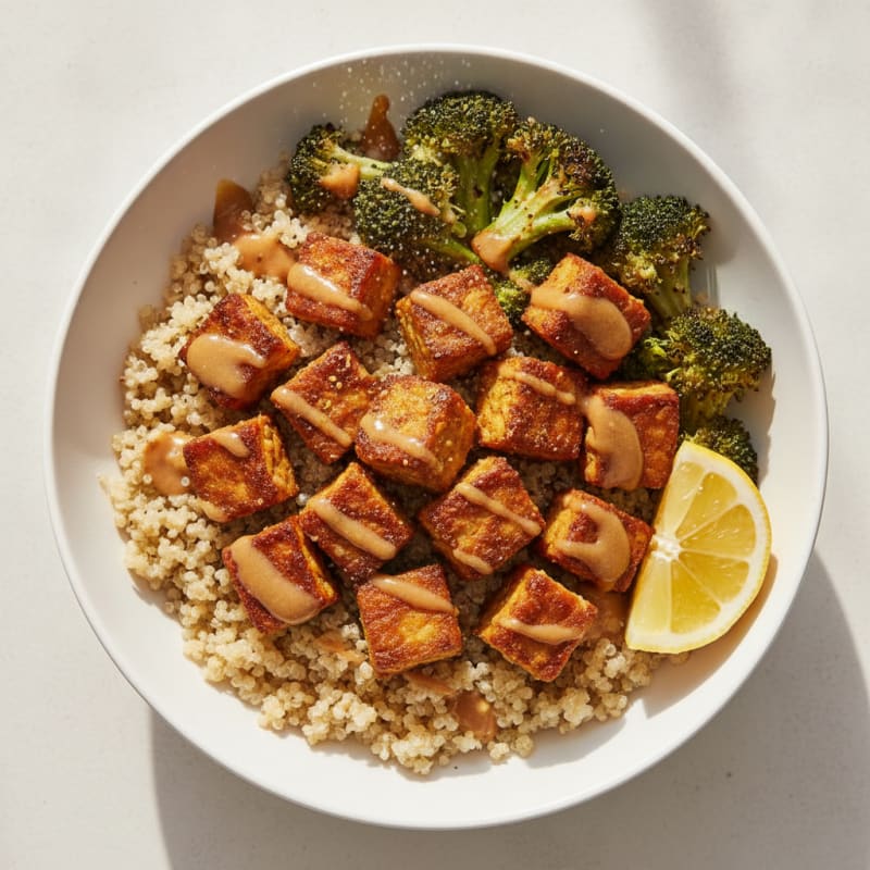 Crispy Tempeh Power Bowl with Quinoa and Roasted Broccoli