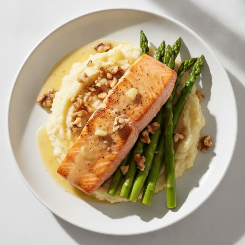 Seared Salmon Fillet with Creamy Garlic Cauliflower Mash and Steamed Asparagus