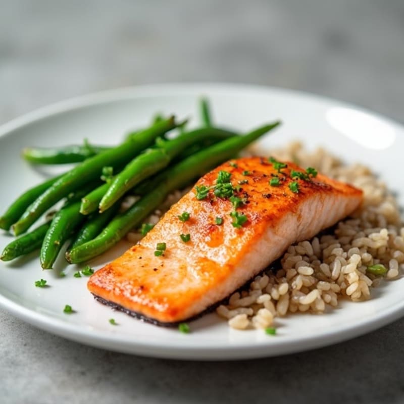 Seared Salmon with Steamed Green Beans and Brown Rice